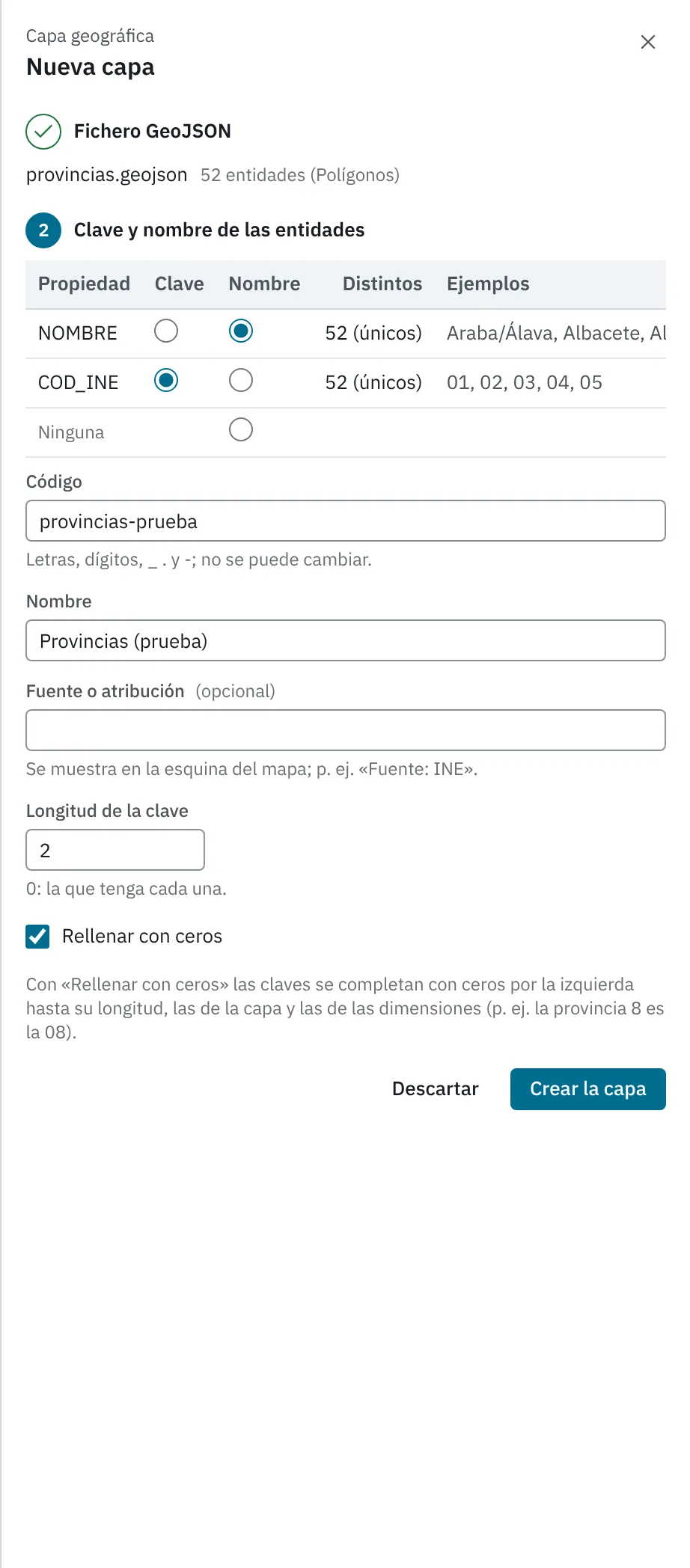 El paso Clave y nombre de las entidades de una capa nueva, con las propiedades de provincias.geojson y COD_INE como clave