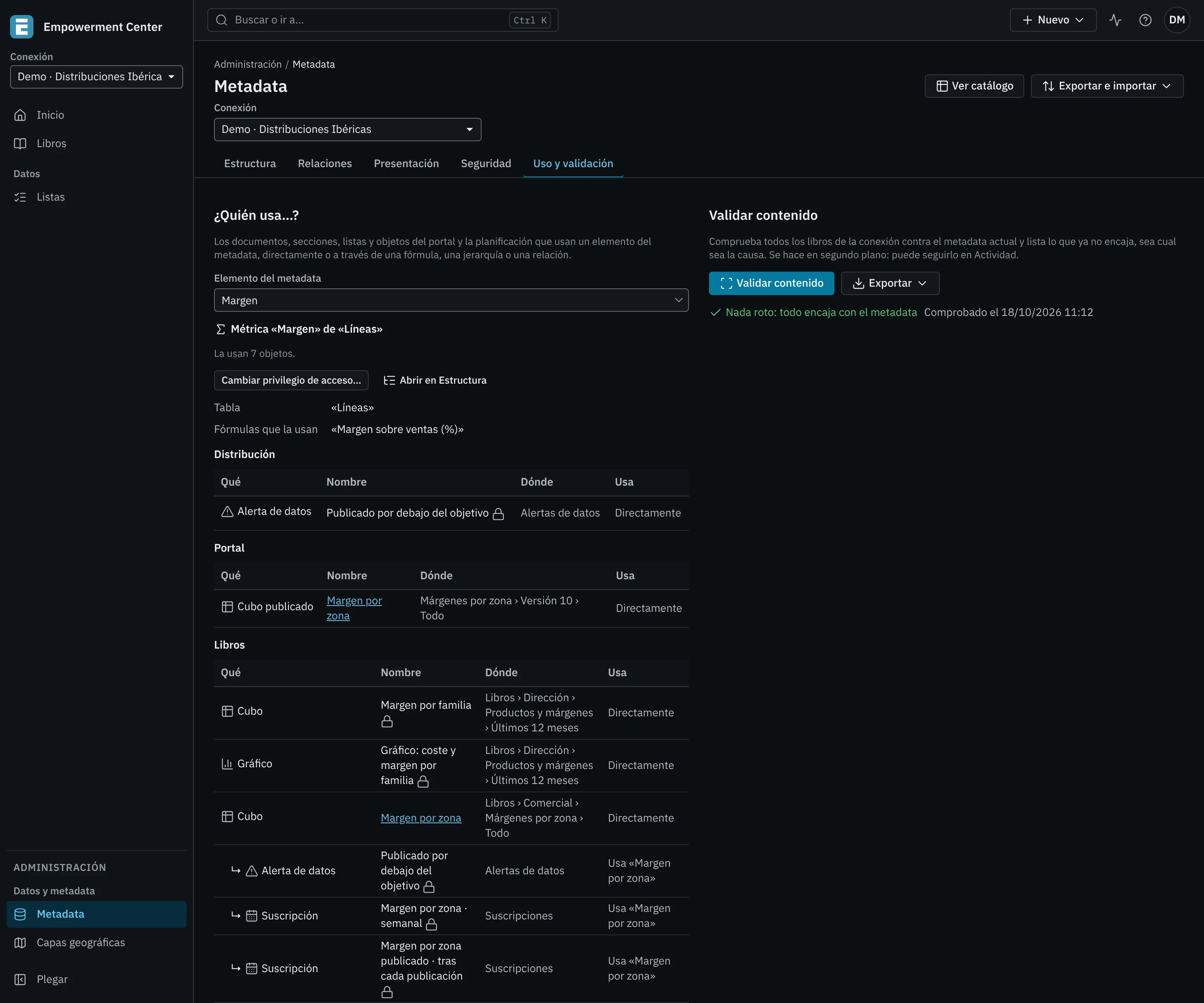 La sección Validar contenido de la demostración con el resultado «Nada roto: todo encaja con el metadata»