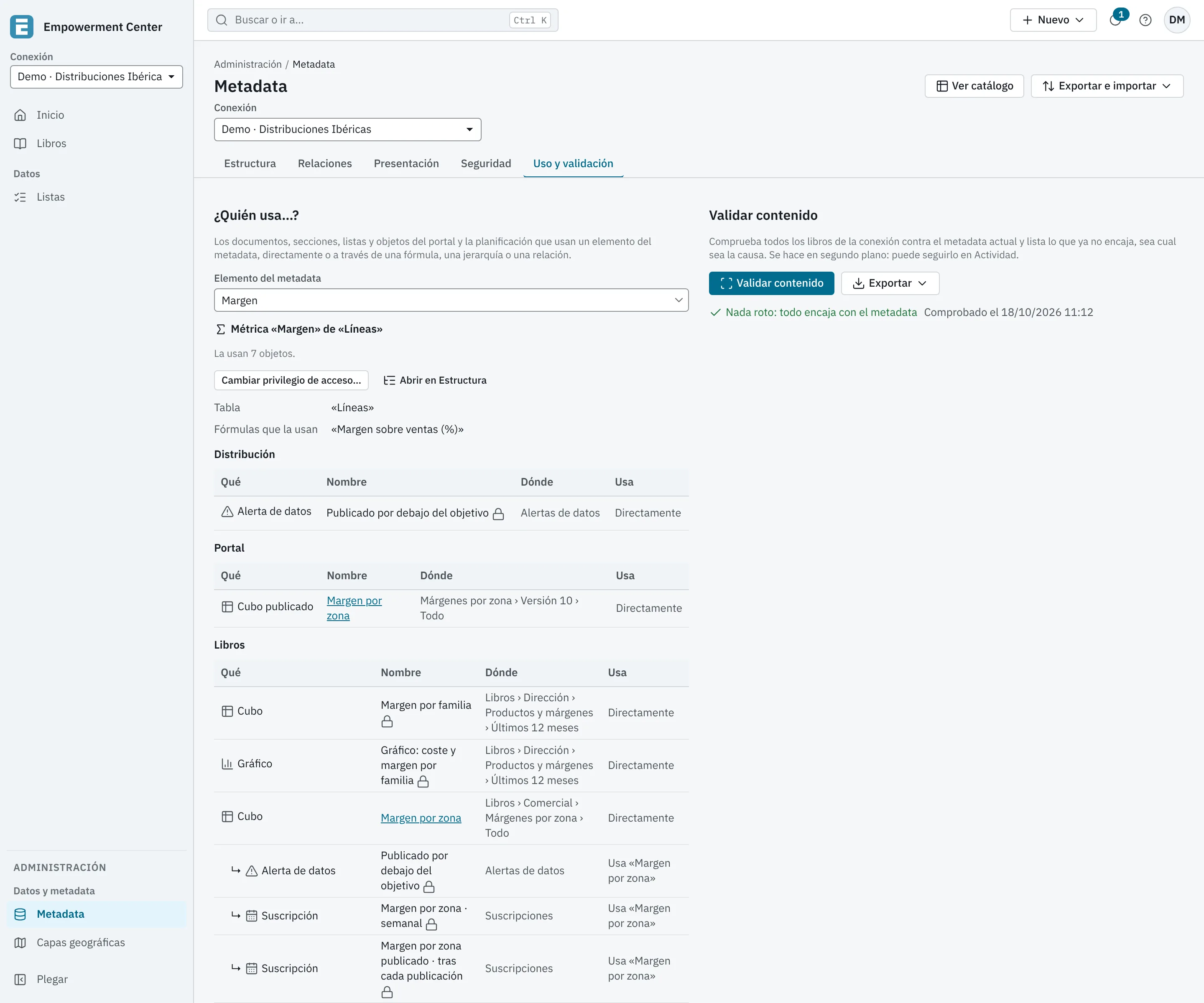 La sección Validar contenido de la demostración con el resultado «Nada roto: todo encaja con el metadata»