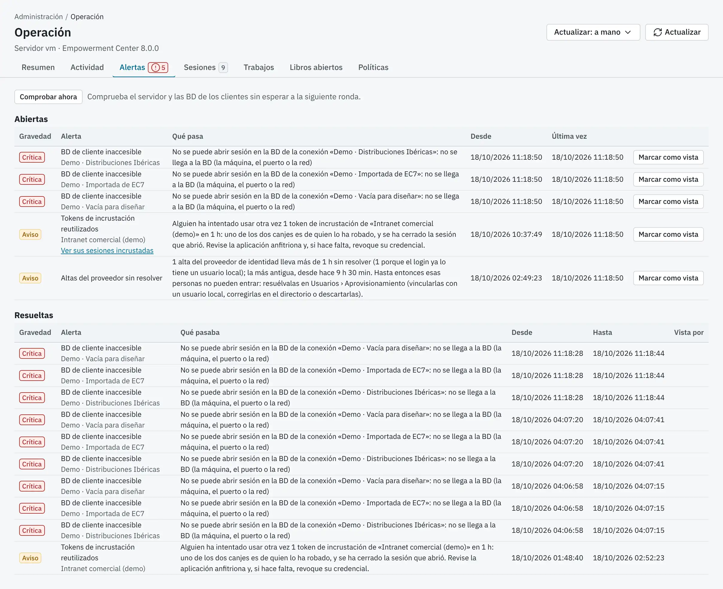 La pestaña Alertas con una alerta crítica abierta de una BD de cliente inaccesible y el historial de resueltas