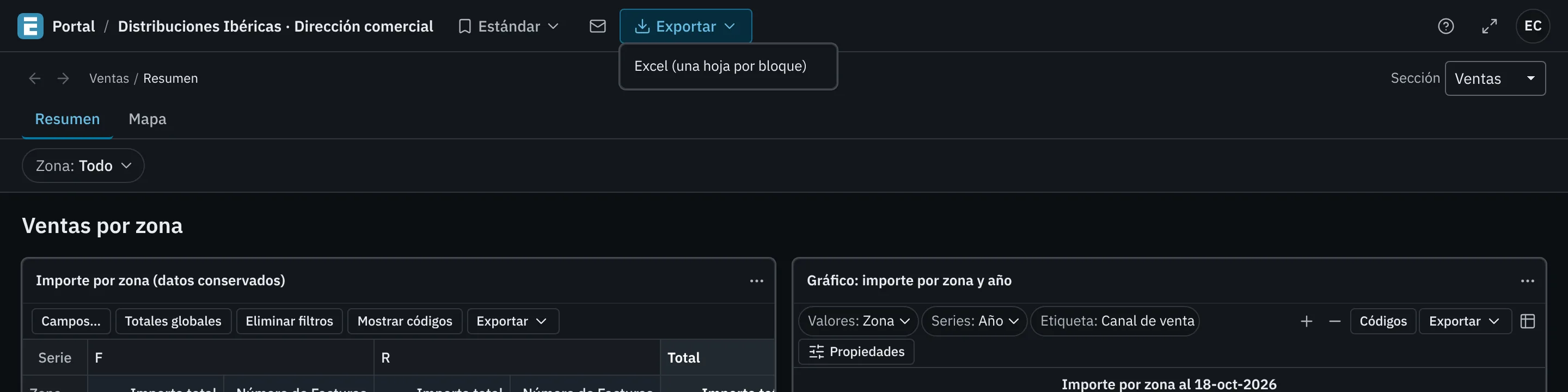 El menú Exportar de la cabecera del portal con sus tres opciones y el aviso «Preparando…» con el botón Cancelar
