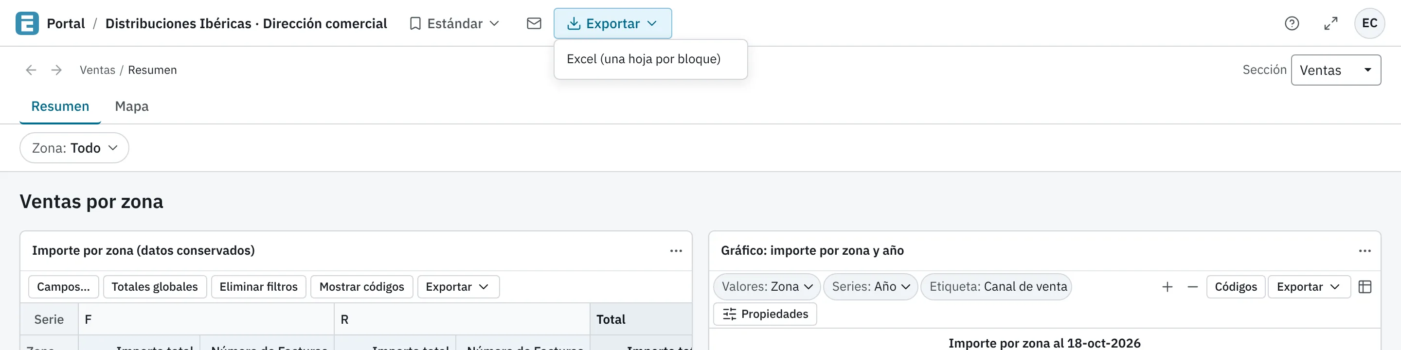 El menú Exportar de la cabecera del portal con sus tres opciones y el aviso «Preparando…» con el botón Cancelar